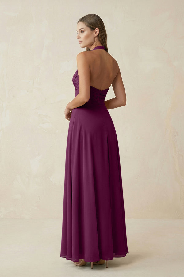 A-Line Pleated Chiffon V-Neck Bridesmaid Dress in Fig - KissProm BRIDESMAID DRESSES