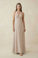 A-Line Pleated Chiffon V-Neck Bridesmaid Dress in Frost - KissProm BRIDESMAID DRESSES