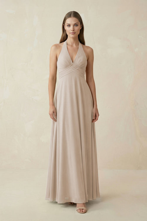 A-Line Pleated Chiffon V-Neck Bridesmaid Dress in Frost - KissProm BRIDESMAID DRESSES