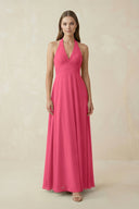 A-Line Pleated Chiffon V-Neck Bridesmaid Dress in Fuchsia - KissProm BRIDESMAID DRESSES
