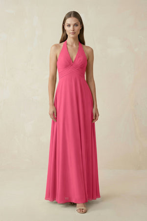 A-Line Pleated Chiffon V-Neck Bridesmaid Dress in Fuchsia - KissProm BRIDESMAID DRESSES