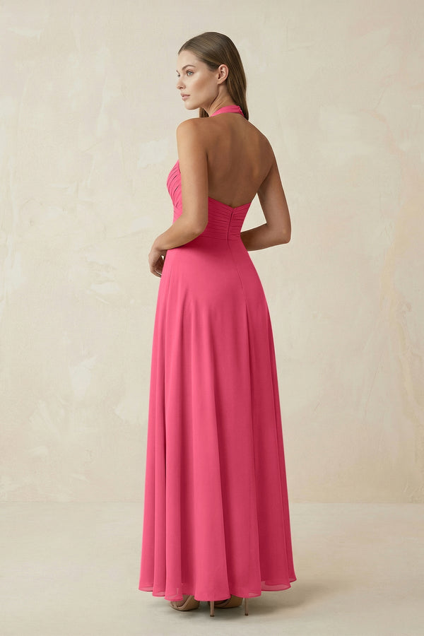A-Line Pleated Chiffon V-Neck Bridesmaid Dress in Fuchsia - KissProm BRIDESMAID DRESSES