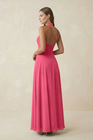 A-Line Pleated Chiffon V-Neck Bridesmaid Dress in Fuchsia - KissProm BRIDESMAID DRESSES