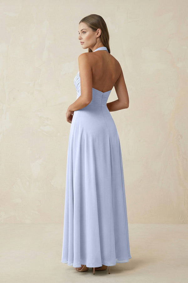 A-Line Pleated Chiffon V-Neck Bridesmaid Dress in Ice - KissProm BRIDESMAID DRESSES