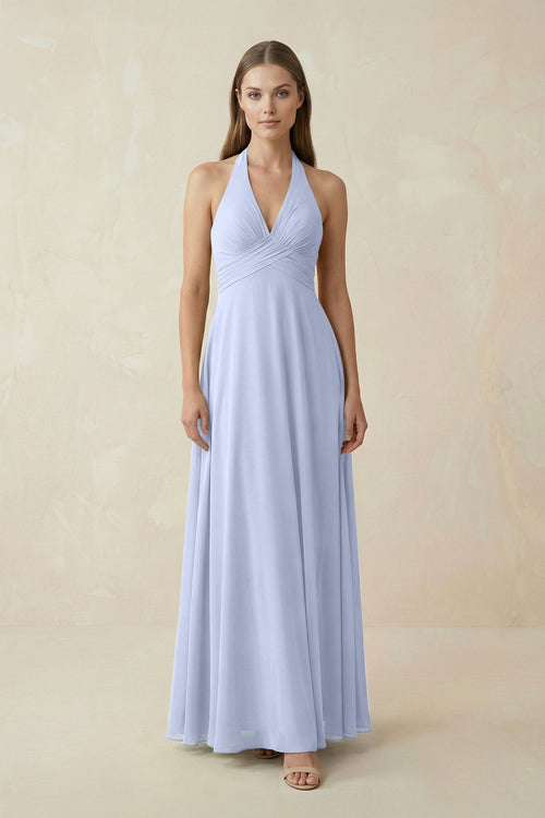 A-Line Pleated Chiffon V-Neck Bridesmaid Dress in Ice - KissProm BRIDESMAID DRESSES
