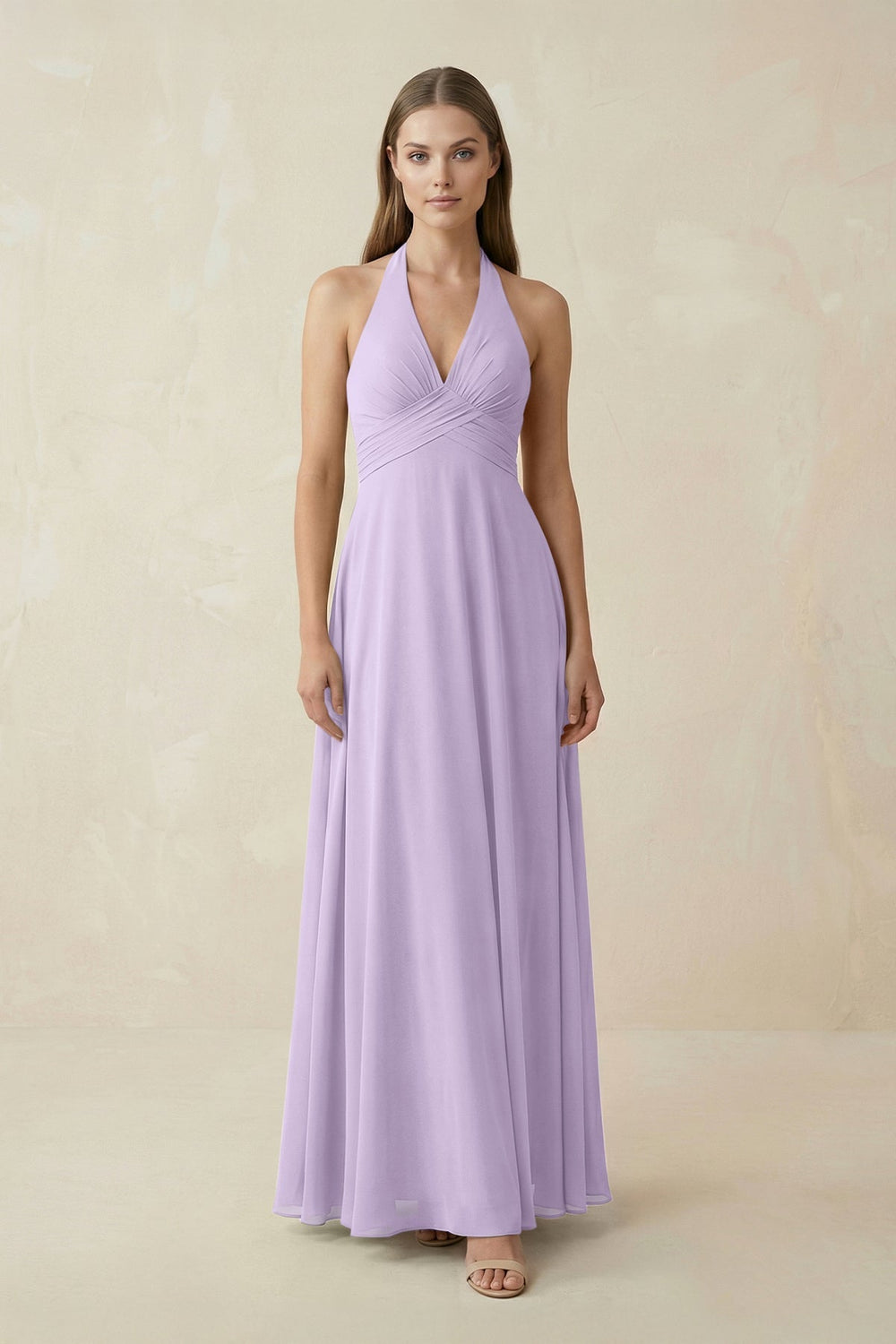 A-Line Pleated Chiffon V-Neck Bridesmaid Dress in Lavender - KissProm BRIDESMAID DRESSES