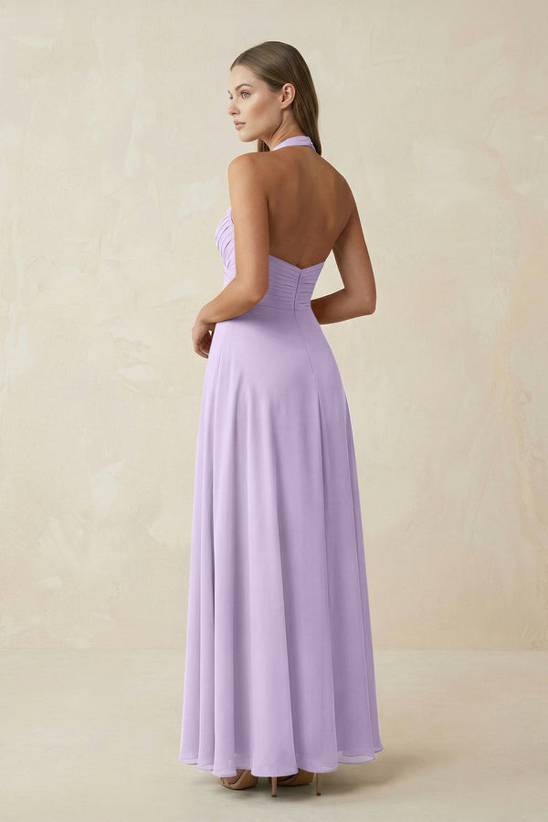 A-Line Pleated Chiffon V-Neck Bridesmaid Dress in Lavender - KissProm BRIDESMAID DRESSES