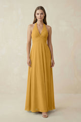 A-Line Pleated Chiffon V-Neck Bridesmaid Dress in Marigold - KissProm BRIDESMAID DRESSES