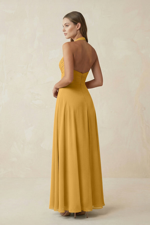 A-Line Pleated Chiffon V-Neck Bridesmaid Dress in Marigold - KissProm BRIDESMAID DRESSES