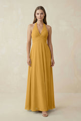 A-Line Pleated Chiffon V-Neck Bridesmaid Dress in Marigold - KissProm BRIDESMAID DRESSES