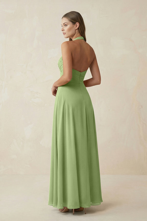 A-Line Pleated Chiffon V-Neck Bridesmaid Dress in Matcha - KissProm BRIDESMAID DRESSES