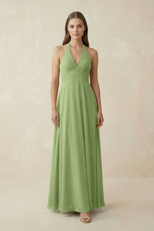 A-Line Pleated Chiffon V-Neck Bridesmaid Dress in Matcha - KissProm BRIDESMAID DRESSES