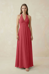 A-Line Pleated Chiffon V-Neck Bridesmaid Dress in Merlot - KissProm BRIDESMAID DRESSES