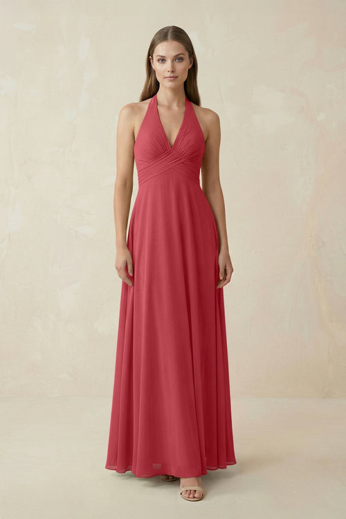 A-Line Pleated Chiffon V-Neck Bridesmaid Dress in Merlot - KissProm BRIDESMAID DRESSES