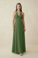 A-Line Pleated Chiffon V-Neck Bridesmaid Dress in Moss - KissProm BRIDESMAID DRESSES