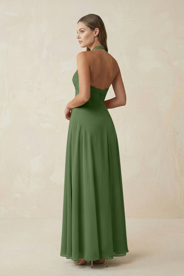 A-Line Pleated Chiffon V-Neck Bridesmaid Dress in Moss - KissProm BRIDESMAID DRESSES