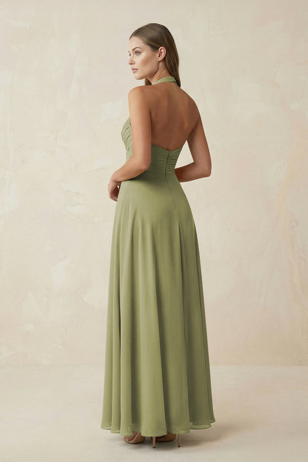 A-Line Pleated Chiffon V-Neck Bridesmaid Dress in Moss Green - KissProm BRIDESMAID DRESSES
