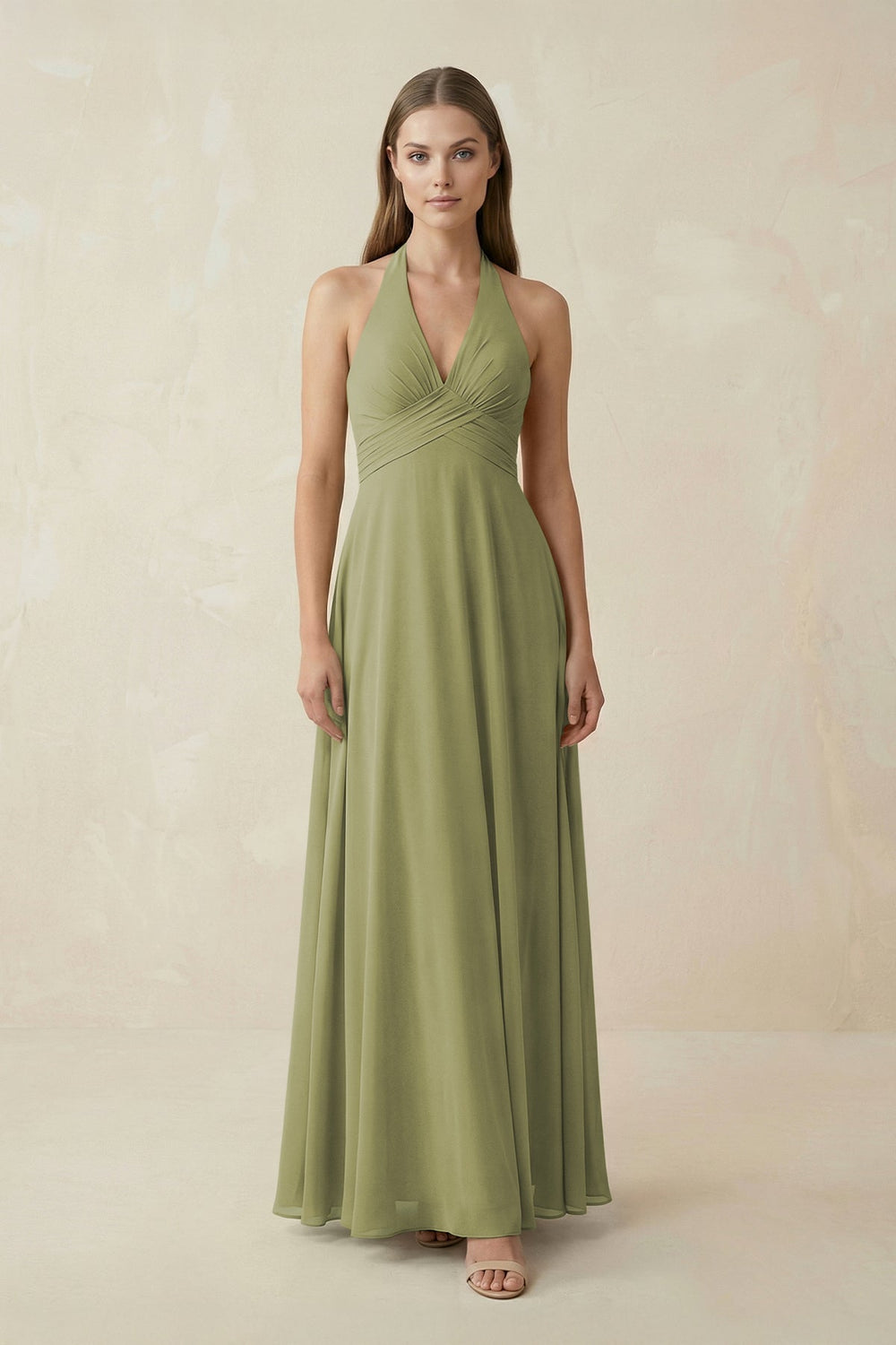 A-Line Pleated Chiffon V-Neck Bridesmaid Dress in Moss Green - KissProm BRIDESMAID DRESSES