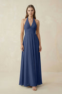 A-Line Pleated Chiffon V-Neck Bridesmaid Dress in Navy - KissProm BRIDESMAID DRESSES