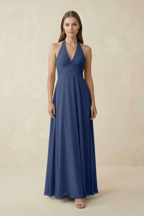 A-Line Pleated Chiffon V-Neck Bridesmaid Dress in Navy - KissProm BRIDESMAID DRESSES