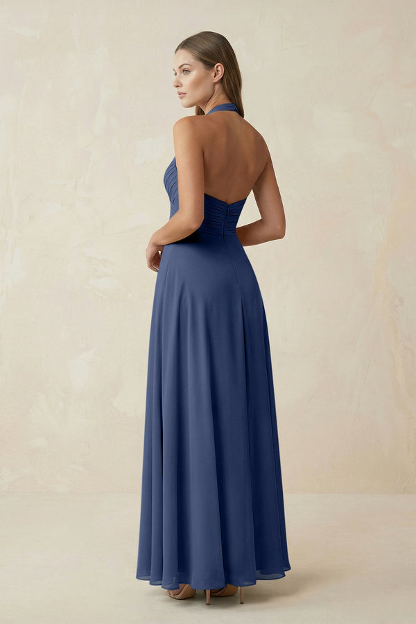 A-Line Pleated Chiffon V-Neck Bridesmaid Dress in Navy - KissProm BRIDESMAID DRESSES