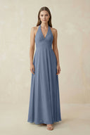 A-Line Pleated Chiffon V-Neck Bridesmaid Dress in Neptune - KissProm BRIDESMAID DRESSES