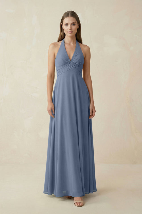 A-Line Pleated Chiffon V-Neck Bridesmaid Dress in Neptune - KissProm BRIDESMAID DRESSES