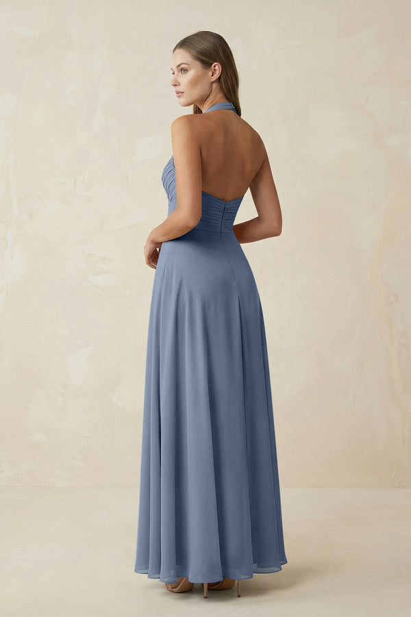 A-Line Pleated Chiffon V-Neck Bridesmaid Dress in Neptune - KissProm BRIDESMAID DRESSES