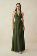 A-Line Pleated Chiffon V-Neck Bridesmaid Dress in Olive - KissProm BRIDESMAID DRESSES