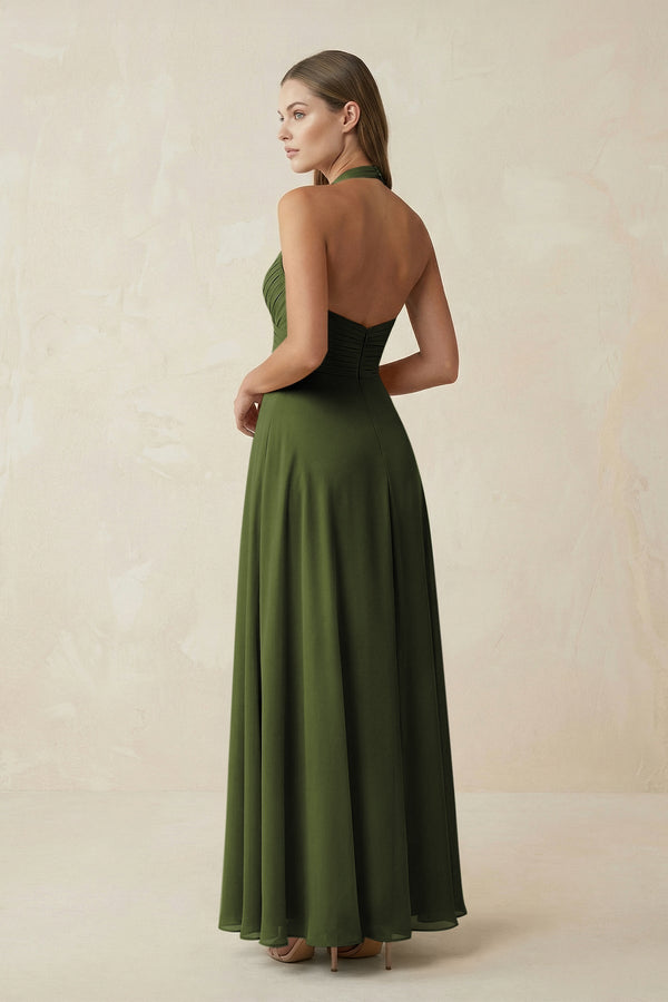 A-Line Pleated Chiffon V-Neck Bridesmaid Dress in Olive - KissProm BRIDESMAID DRESSES