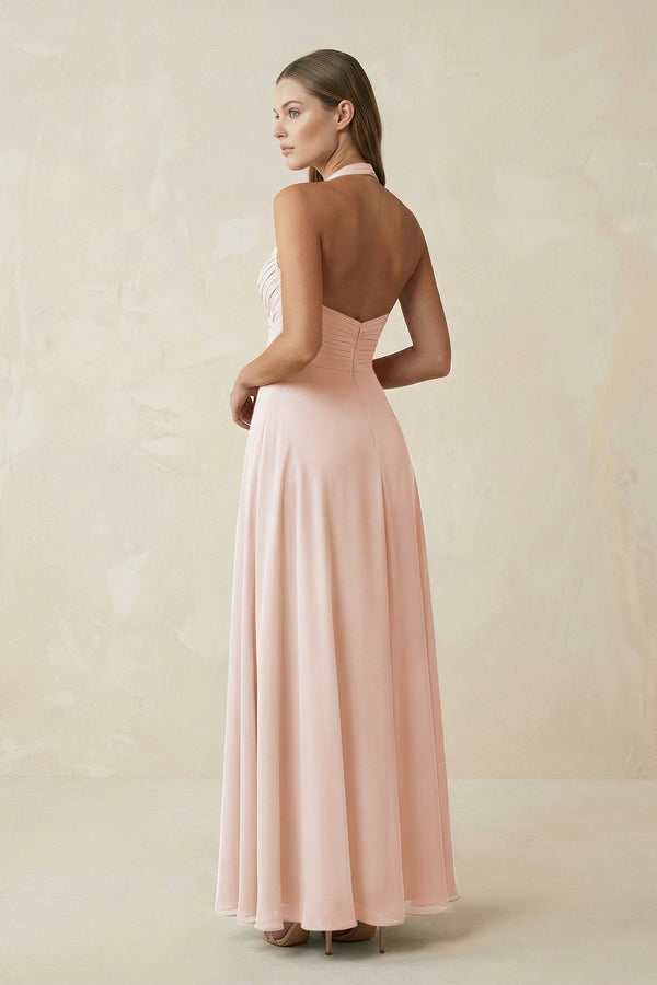 A-Line Pleated Chiffon V-Neck Bridesmaid Dress in Pale Blush - KissProm BRIDESMAID DRESSES