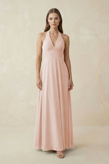 A-Line Pleated Chiffon V-Neck Bridesmaid Dress in Pale Blush - KissProm BRIDESMAID DRESSES