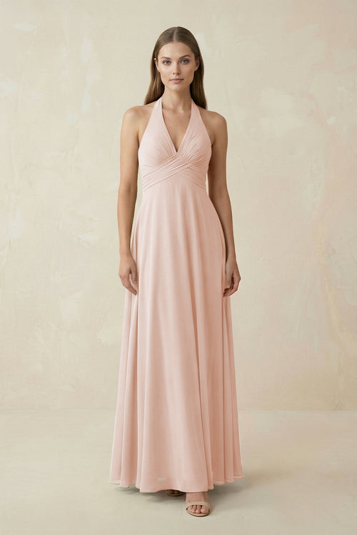 A-Line Pleated Chiffon V-Neck Bridesmaid Dress in Pale Blush - KissProm BRIDESMAID DRESSES
