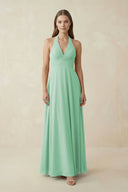 A-Line Pleated Chiffon V-Neck Bridesmaid Dress in Pale Pistachio - KissProm BRIDESMAID DRESSES