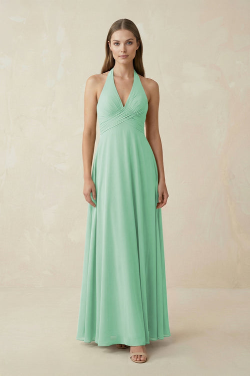 A-Line Pleated Chiffon V-Neck Bridesmaid Dress in Pale Pistachio - KissProm BRIDESMAID DRESSES