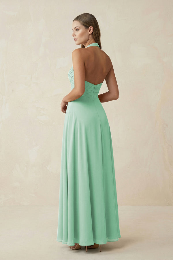 A-Line Pleated Chiffon V-Neck Bridesmaid Dress in Pale Pistachio - KissProm BRIDESMAID DRESSES