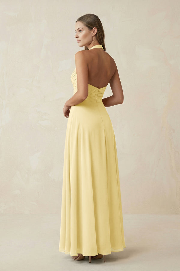 A-Line Pleated Chiffon V-Neck Bridesmaid Dress in Pastel Yellow - KissProm BRIDESMAID DRESSES