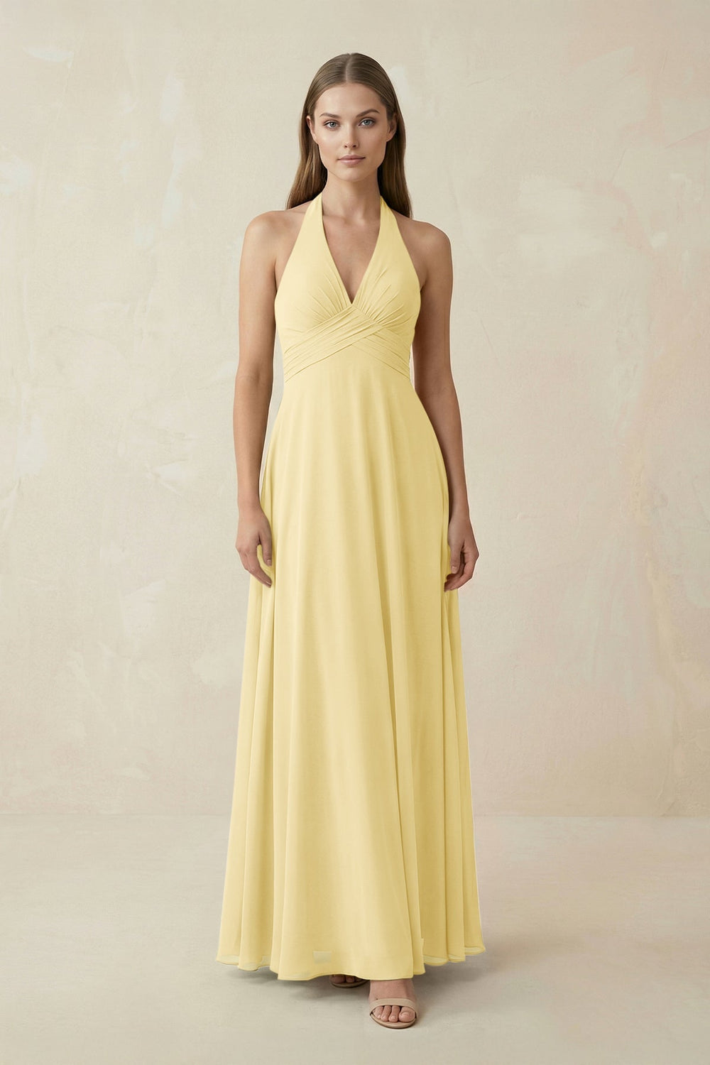 A-Line Pleated Chiffon V-Neck Bridesmaid Dress in Pastel Yellow - KissProm BRIDESMAID DRESSES