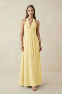 A-Line Pleated Chiffon V-Neck Bridesmaid Dress in Pastel Yellow - KissProm BRIDESMAID DRESSES