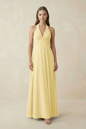 A-Line Pleated Chiffon V-Neck Bridesmaid Dress in Pastel Yellow - KissProm BRIDESMAID DRESSES