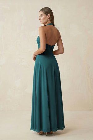 A-Line Pleated Chiffon V-Neck Bridesmaid Dress in Pine - KissProm BRIDESMAID DRESSES