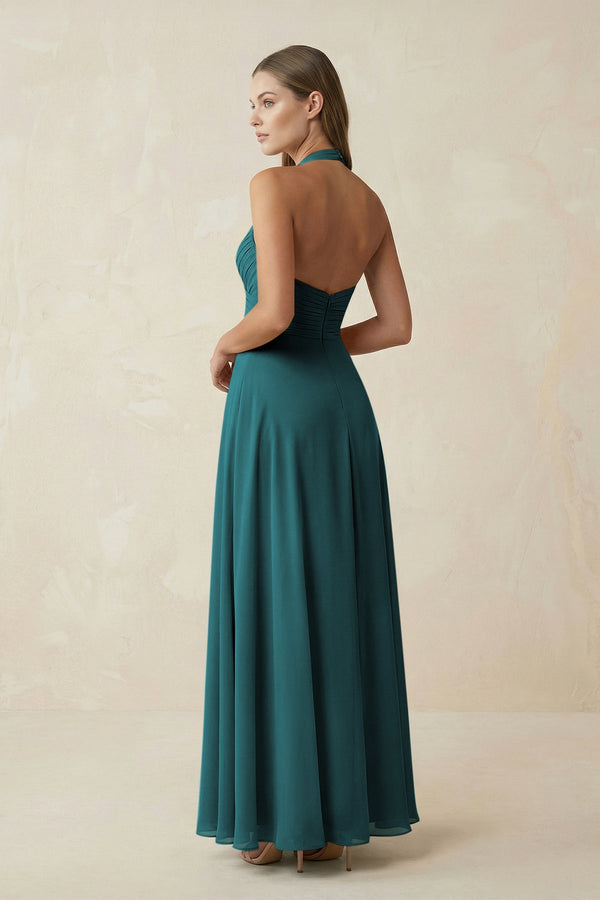A-Line Pleated Chiffon V-Neck Bridesmaid Dress in Pine - KissProm BRIDESMAID DRESSES