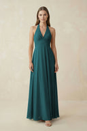 A-Line Pleated Chiffon V-Neck Bridesmaid Dress in Pine - KissProm BRIDESMAID DRESSES
