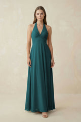 A-Line Pleated Chiffon V-Neck Bridesmaid Dress in Pine - KissProm BRIDESMAID DRESSES