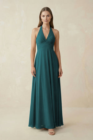 A-Line Pleated Chiffon V-Neck Bridesmaid Dress in Pine - KissProm BRIDESMAID DRESSES