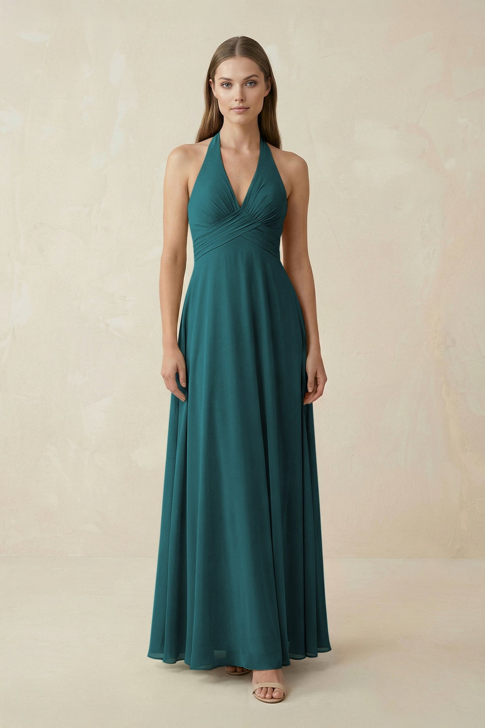 A-Line Pleated Chiffon V-Neck Bridesmaid Dress in Pine - KissProm BRIDESMAID DRESSES