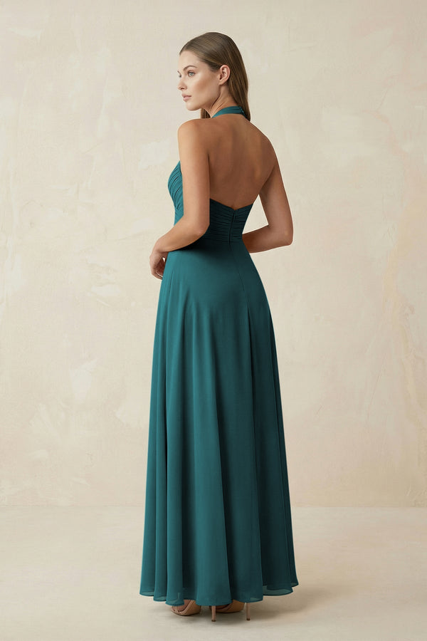 A-Line Pleated Chiffon V-Neck Bridesmaid Dress in Pine - KissProm BRIDESMAID DRESSES