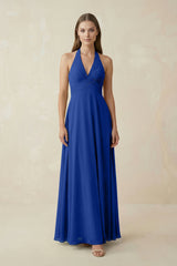 A-Line Pleated Chiffon V-Neck Bridesmaid Dress in Royal Blue - KissProm BRIDESMAID DRESSES