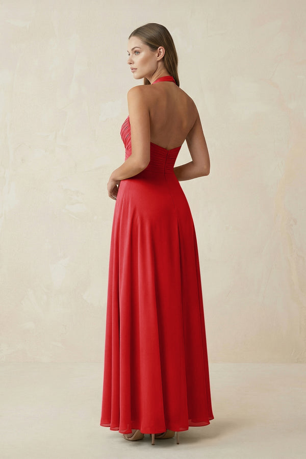 A-Line Pleated Chiffon V-Neck Bridesmaid Dress in Ruby Red - KissProm BRIDESMAID DRESSES