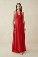 A-Line Pleated Chiffon V-Neck Bridesmaid Dress in Ruby Red - KissProm BRIDESMAID DRESSES